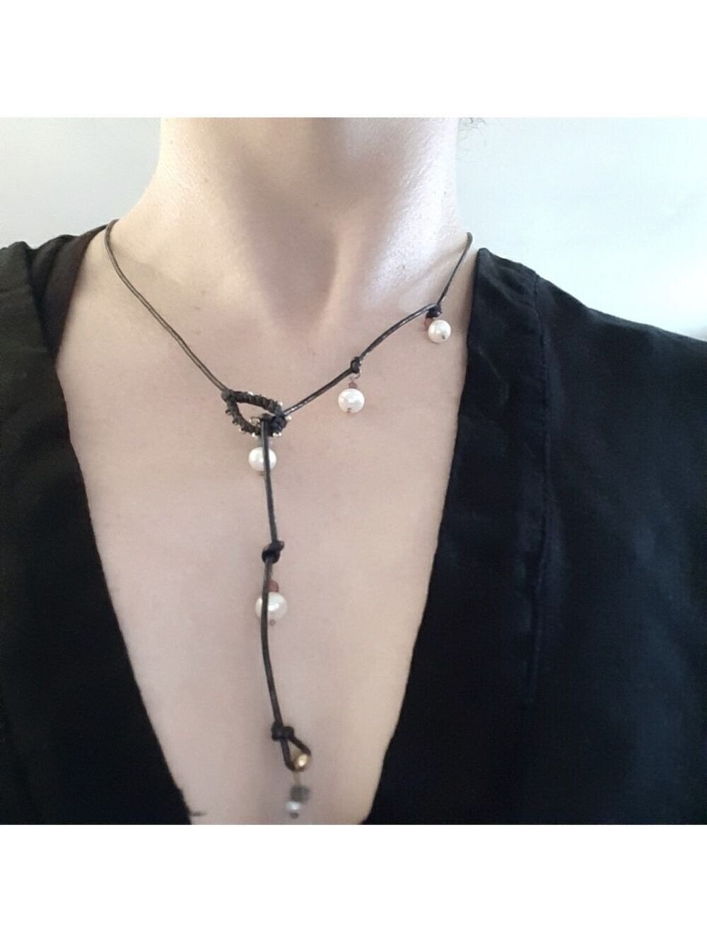 Handcrafted Natural Pearl and Real Ruby Leather Lariat Necklace